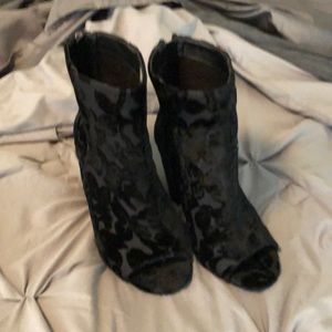 Velvety floral open toe booties